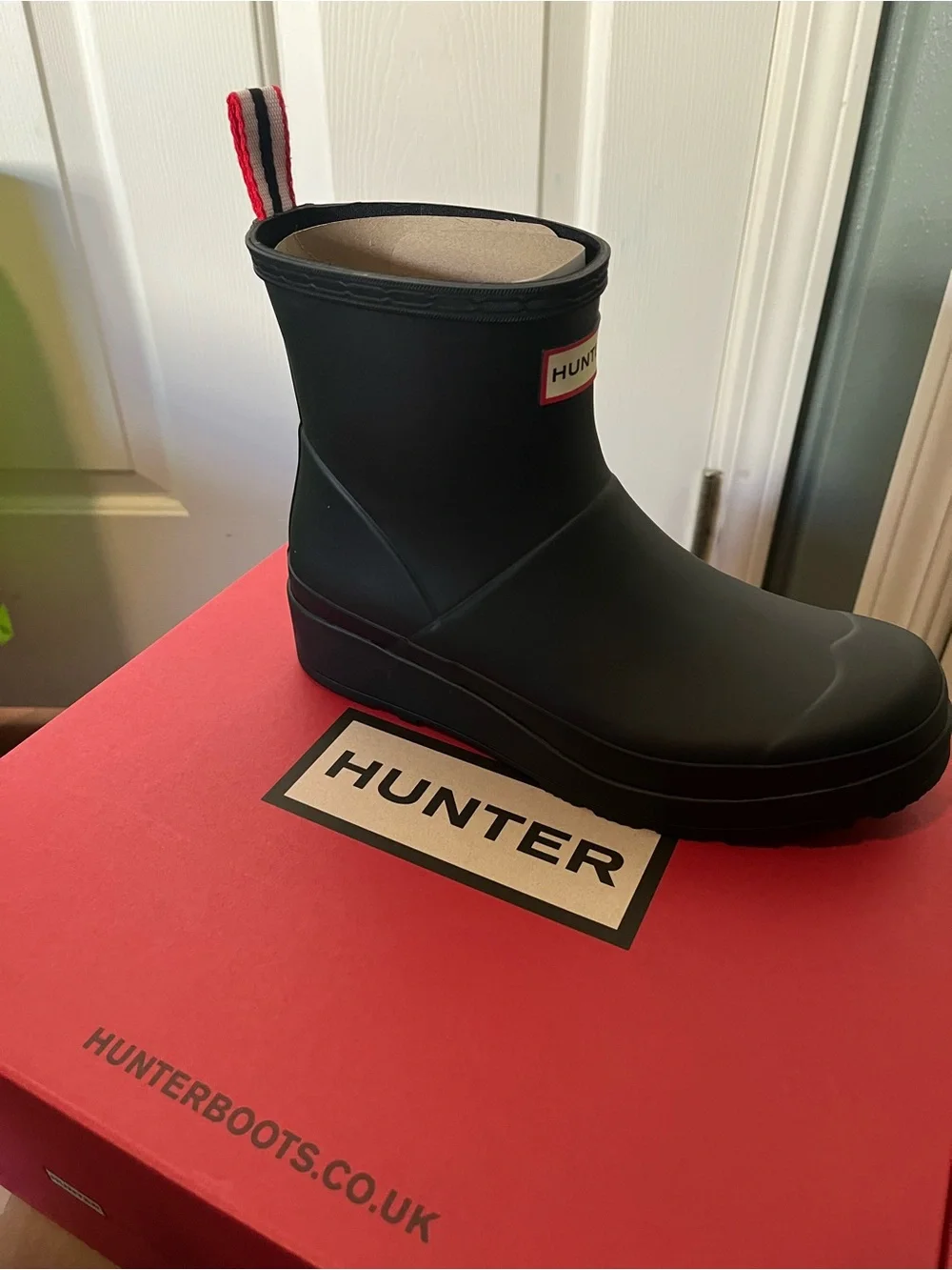 Hunter Red Shoe Box with Black and White Labeling